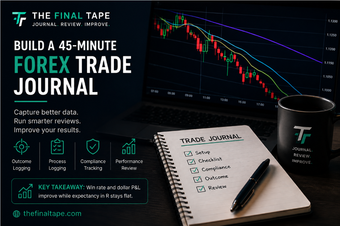 Forex trade journal workflow with outcome logging, process logging, compliance tracking, and performance review